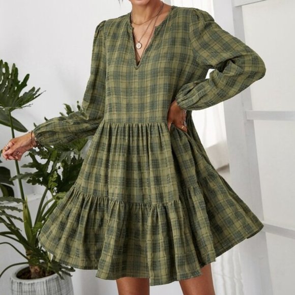 Plaid ruffle hem lantern sleeve dress GREEN - Picture 5 of 6